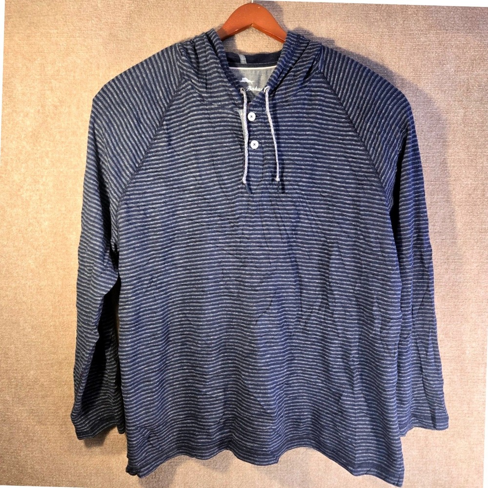 Tommy Bahama Mens XXL Blue Striped Organic Cotton Henley Hoodie Raglan Sweater